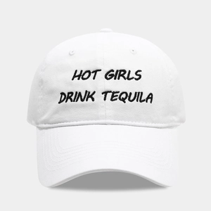 Detailed view of white cotton baseball cap with black Hot Girls Drink Tequila embroidery