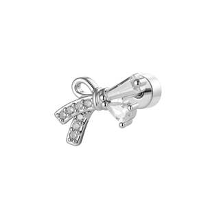 Exquisite silver bow stud earring with sparkling zircon stones on a white background