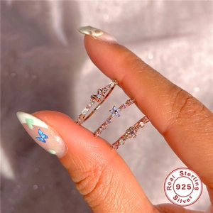 Three-piece S925 sterling silver rose gold rings with flower and butterfly gems