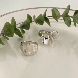 Minimalist silver irregular fluid rings on ceramic tray with green leaves
