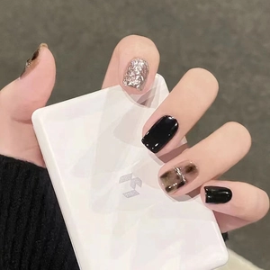 Press On Nails Smudge Black Silver Glitter Leopard Tortoiseshell Pattern Short Square Artificial Nails Chic Ins Style