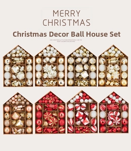 Assorted Christmas ornament sets with festive balls and stars in house-shaped boxes