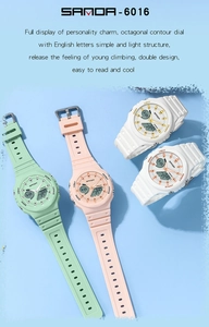 Flat lay of SANDA-6016 octagonal digital watches in pastel pink, green and white colors