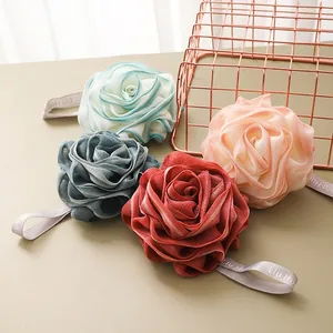 Rose Flower Shape Bath Ball Shower Sponge PE Mesh Loofah Body Cleaning Rich Lathering Soft Pouf With Hanging Ribbon