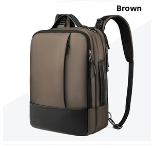 Brown and black multifunctional business laptop backpack with side handle view