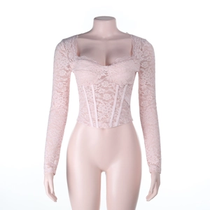 Detail of pink floral lace long sleeve corset top with structured bodice and boning