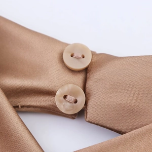 Macro detail of champagne satin fabric showing silk texture and two matching round buttons