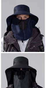 Detail of outdoor sun hat with detachable face cover and breathable mesh neck flap