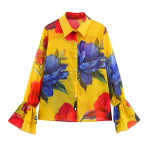 Floral Print Chiffon Blouse Yellow Flare Sleeve Lapel Collar Long Sleeve Sweet Casual Top For Women Elegant