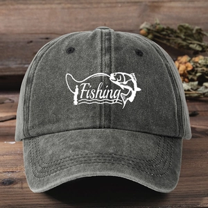 Washed Baseball Cap Fishing Graphic Print Retro Distressed Adjustable Outdoor Sport Sun Hat Unisex Leisure Breathable Headwear