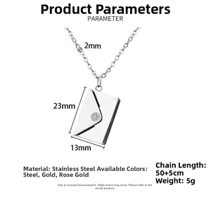 Macro view of envelope pendant with zircon inlay and detailed size measurements