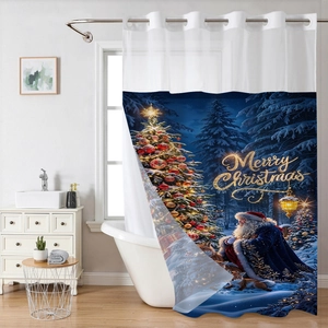 Close-up of double-layer Christmas shower curtain with silver rings and Santa Claus print