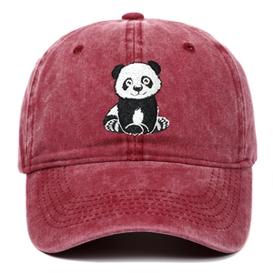 Burgundy washed cotton baseball cap featuring detailed panda embroidery on the front