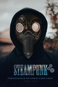 Dettaglio della maschera steampunk medico della peste con ingranaggi e rivetti