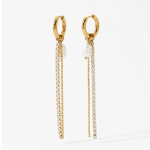 Long Tassel Hoop Earrings Stainless Steel With Artificial Pearl And Zircon Double Layer Linear Chain Fashion Elegant For Women