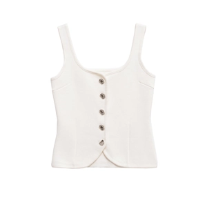 Minimalist white knit vest with stylish silver asymmetrical buttons and button-down front