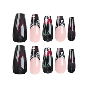 Dark rose and star pattern press-on nails with long coffin shape and rhinestones