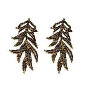 Vintage gold leaf tassel earrings with black rhinestones and elegant drop design