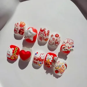 5D embossed rabbit nail stickers set for Chinese New Year with red and white 3D art design