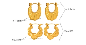 Detailed size chart for gold-tone croissant hoop and twisted rope earrings with measurements