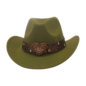 Detail of olive green felt cowboy hat with embossed leather band and rhinestone heart buckle
