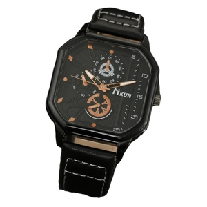 Fashion square black leather quartz watch with gold pointers and double layered dial for men