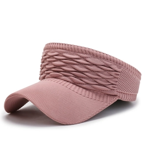 Women's pink knitted sun visor hat with stylish textured weave and wide brim for sun protection
