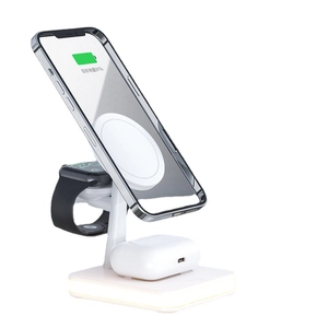 3-in-1 magnetic wireless charging station for smartphone, watch, and earbuds in white