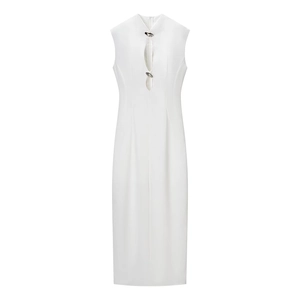 Elegant sleeveless white maxi dress featuring a keyhole cutout and stylish metal buckles