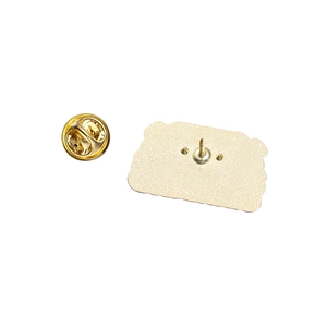 Detailed back view of a gold-colored metal brooch pin with texture and butterfly clutch