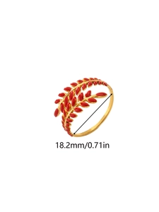 Detail view of red enamel leaf ring in 18k gold plating with 18.2mm inner diameter size
