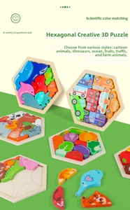 Educational hexagonal 3D wooden puzzles for kids with diverse themes and colorful blocks