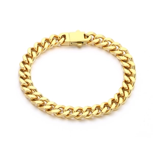 Polished 18K gold-plated stainless steel Cuban link bracelet with square clasp for men