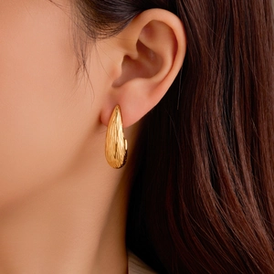 Vintage Gold Stainless Steel C-Shaped Earrings For Women Retro Textured 18K Gold Plated Geometric Hoop Fashion Jewelry