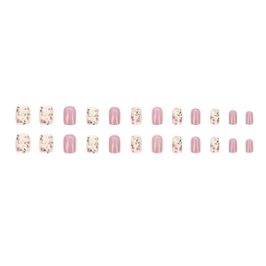 Short square floral press-on nails set with lavender flower patterns and solid purple finish