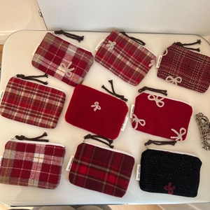 Red plaid tweed coin purses with bow knots and decorative tassels in a 3x3 grid display