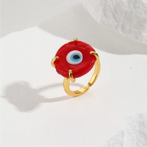 Adjustable gold plated Turkish evil eye ring with red round glass detail for women