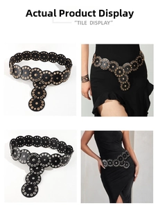 Detail view of women's punk style black leather disc belts with gold and silver eyelets