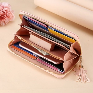 Pink PU leather long zip wallet with large capacity card slots and tassel charm