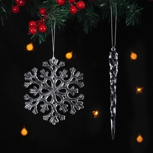 Hanging clear acrylic snowflake and icicle ornaments for festive Christmas tree decor