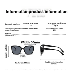 Detailed size specifications for black polygon sunglasses with PC frame and dimensions
