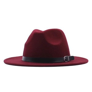 Classic burgundy wool felt fedora hat with black faux leather belt and metal buckle