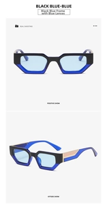 Detail of square sunglasses with black and translucent blue frame and gold metal accents