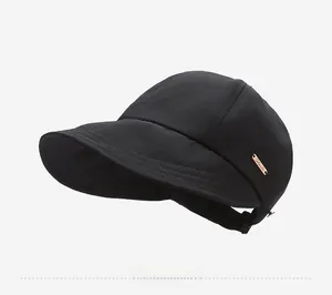 Détail de profil d'un chapeau de soleil noir à large bord avec plaque en métal or rose
