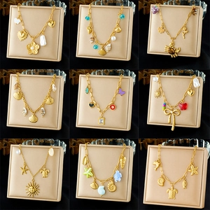 Multi Charm Necklace Gold Plated Stainless Steel Heart Flower Starfish Bow Artificial Pearl Bohemian Chic Retro Fashion Jewelry Women