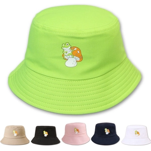 Bucket Hat Cotton Canvas Cute Frog Mushroom Embroidery Wide Brim Sun Protection Casual Fisherman Hat