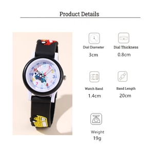 Detailed specifications of kids quartz watch with 3D car pattern and silicone strap