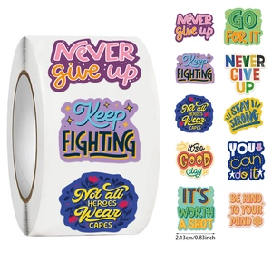 Detail showing various 0.83-inch motivational quote stickers with colorful typography