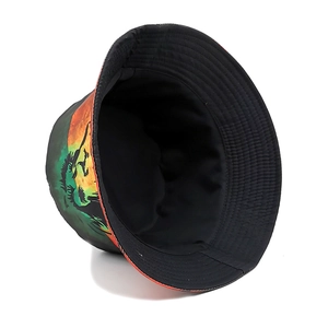 Modern bucket hat with lion sunset print and reversible black lining for outdoor sun protection