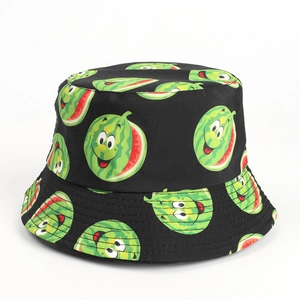 Detail of cartoon watermelon print on black cotton bucket hat with neat stitching